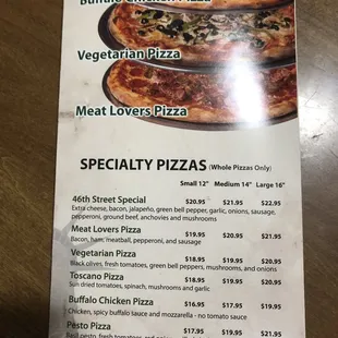 Menu specialty pizzas