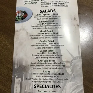 Menu appetizers salad and calzone