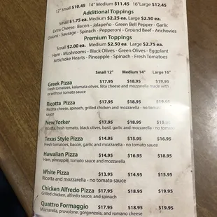 Menu specialty pizzas