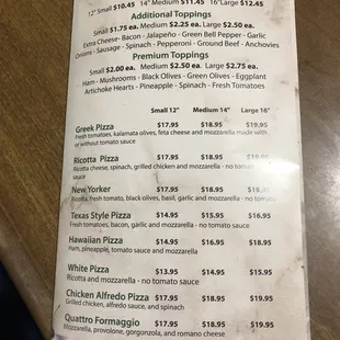 Menu pizza and various toppings
