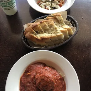 Pasta Caprice, Garlic Bread, Spaghetti &amp; Meatball.