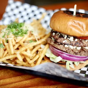 Wagyu burger with double patty (included) and bleu cheese (can choose American too). Fries included (garlic or truffle +$1) . Delicious!