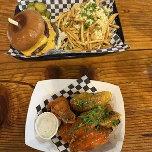 Wagyu burger, buffalo and mango habanero wings