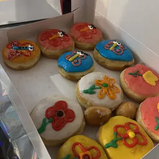 a dozen donuts in a box
