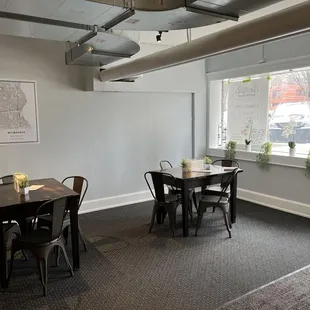 a table and chairs in a restaurant