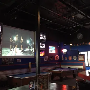 TV wall and pool tables.
