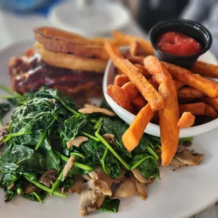 Bbq salmon with sweet potato fries and spinach and mushrooms