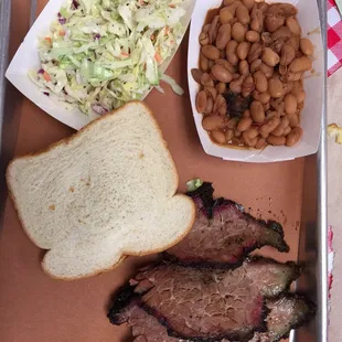 One meat plate: Fatty part of the brisket with beans and cole slaw