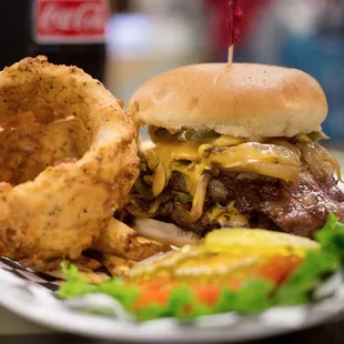 Grilled Onion Burger with a side of Onion Rings