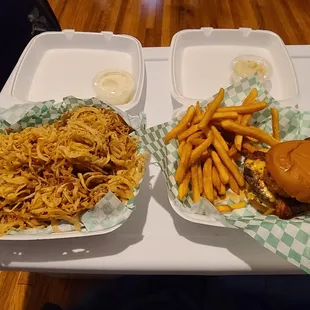 Onion straws ($9.99) Roadhouse Juicy Lucy with fries($14)