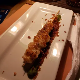 Gulf shrimp with chimichurri and fried onion.