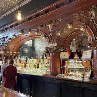 a bar with a long counter