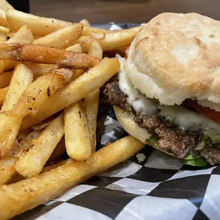 Hueco Tanks burger with garlic fries