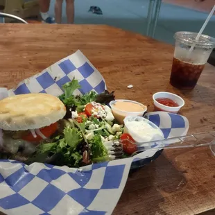 Burger, side salad, and black currant tea...good stuff; and you can climb walls, if you&apos;re so inclined... most look kinda nervous... lol.