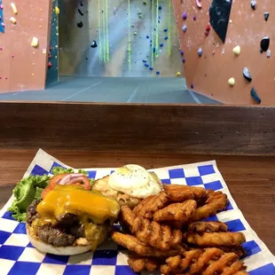 Farmhouse Burger with sweet potato fries