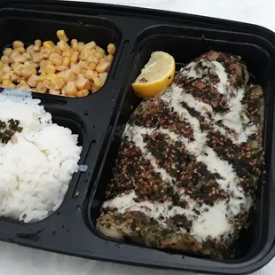 Furikake snapper.  Includes rice and corn. $5