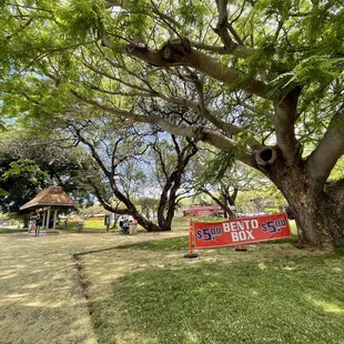 View from Diamond Head road.   Truck in the parking lot behind the bus stop seating area