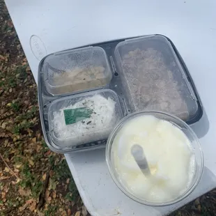 Pork bento plate, sangria smoothie