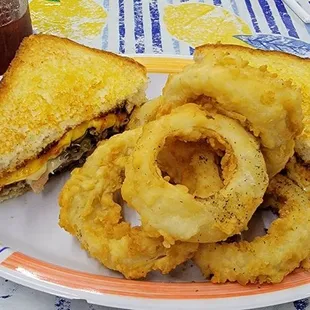 Broke burger and onion rings