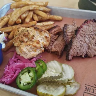 Beef brisket plate w/ coleslaw, seasoned fries and a cheddar biscuit