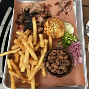 1 meat + 2 sides plate with brisket, fries, cowboy beans, and cheddar biscuit