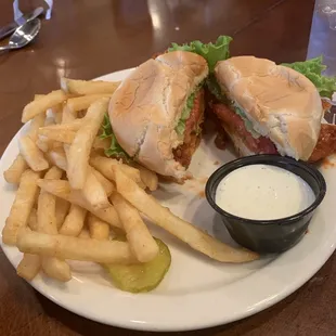 Buffalo Chicken Sandwich and fries.