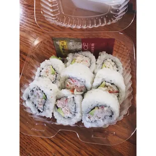 California rolls that are missing the cucumber pieces.