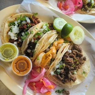 Tacos,asada, barbacoa, shrimp, chorizo,