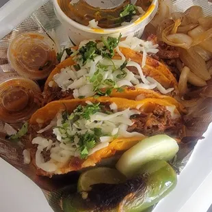 3 quesabirria with consume grilled onions and pepper  perfect for cold day..