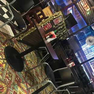 a table and chairs in a restaurant