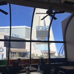 The view of The Strat from the restaurant. The restaurant is across the street (W Bob Stupack Ave) from The Strat.