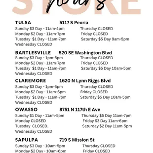 Current store hours. As of 11/20/23