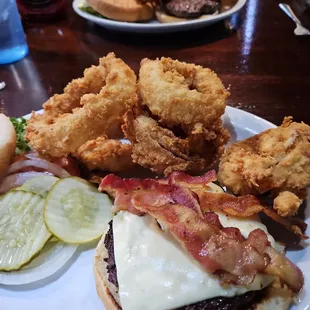 Bacon pepper jack burger and onion rings.