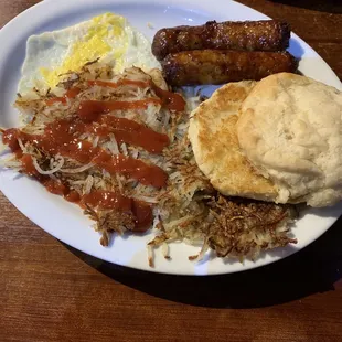 1 egg breakfast. Sausage and biscuit.