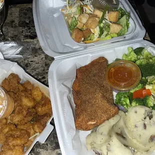 Fire Cracker Shrimp Fresh Catch Perch or Red Snapper Garlic Mash Potatoes Steamed Vegetable Medley Garden Salad