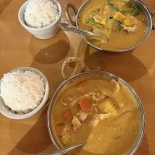 Mango curry (top) and sweet potato/peanut curry. Both delicious.