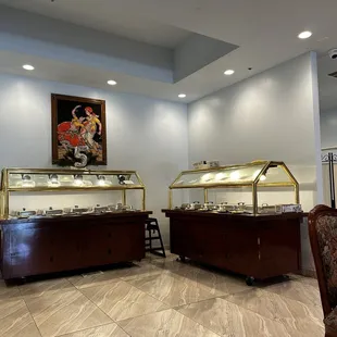 Buffet tables, clean and organized. Another one to far left.