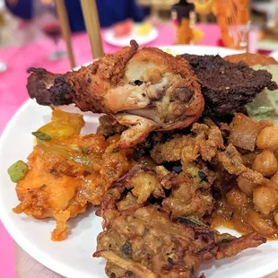 Pakora veggies and fish, chickpeas, chicken, and lamb.