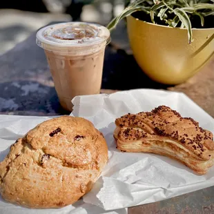Iced Mexican mocha, cranberry scone, hazelnut puff pastry