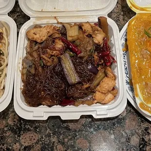 Szechwan Pork Noodles, Basil Eggplant Glass Noodles, Singapore Coconut Curry Seafood