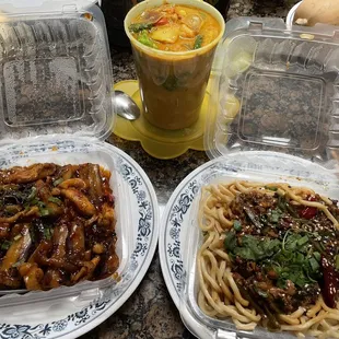 Basil Eggplant and Chicken, Singapore Coconut Curry Seafood, Szechwan Pork Noodles