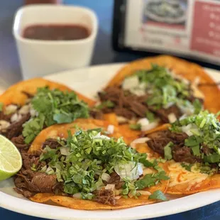 BIRRIA TACOS!
 Melted Cheese, Cebolla, Cilantro, Consome included.