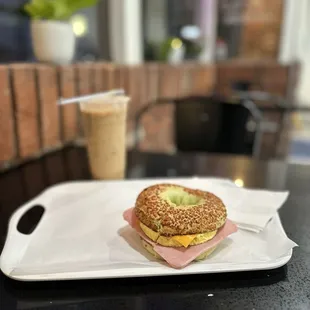 Iced vietnamese coffee &amp; Spinach Bagel Ham, Egg &amp; cheese.