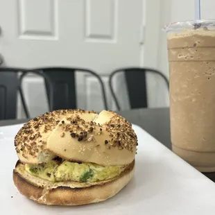 Denver Omlette on Garlic Bagel and Iced Blended Chai. I was waiting for this place to open! I&apos;ll be back for more.