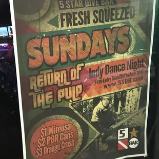 Get $1 Mimosas $2 PBR&apos;s $3 Orange crush on Sunday&apos;s at 5 Star dive bar, Ybor City, tampa