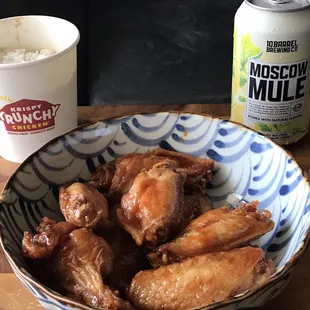 Canned Moscow Mule from the liquor side of the store, Sweet n sour wings with red beans and rice from the Krispy Krunchy Chicken side.