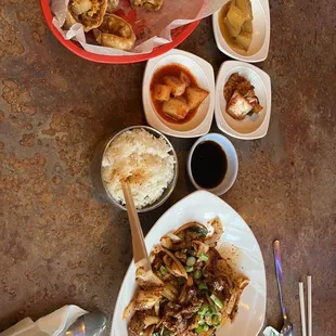 A-2. Kimchi Dumpling, the sides that come, and G-4. Sam Gyup Sal Kim Chi Bokeum