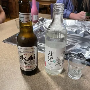 Soju original and beer. Asahi beer.