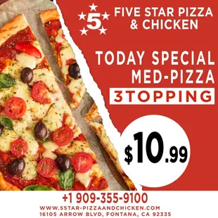 Med-pizza 3 Topping $10.99 Order Now :- +1 909-355-9100