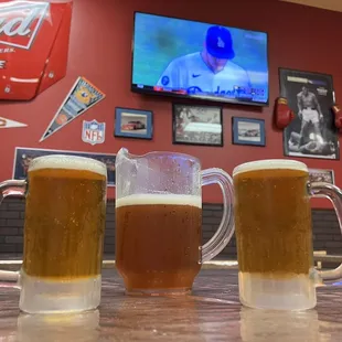 Ice Cold Pitcher of Langunita&apos;s with the Dodger Game in the back ground.